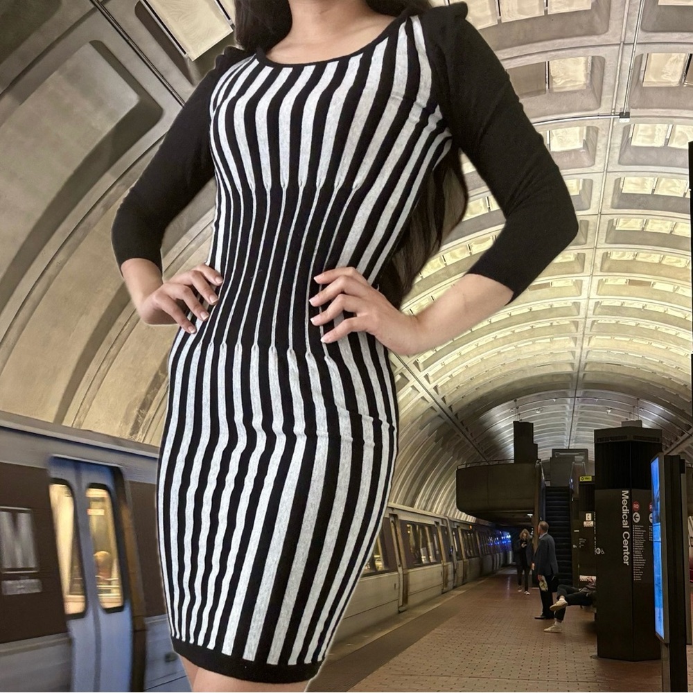 Retro Vintage Ribbed Knit Striped Long Sleeve Winter Bodycon Mini Dress